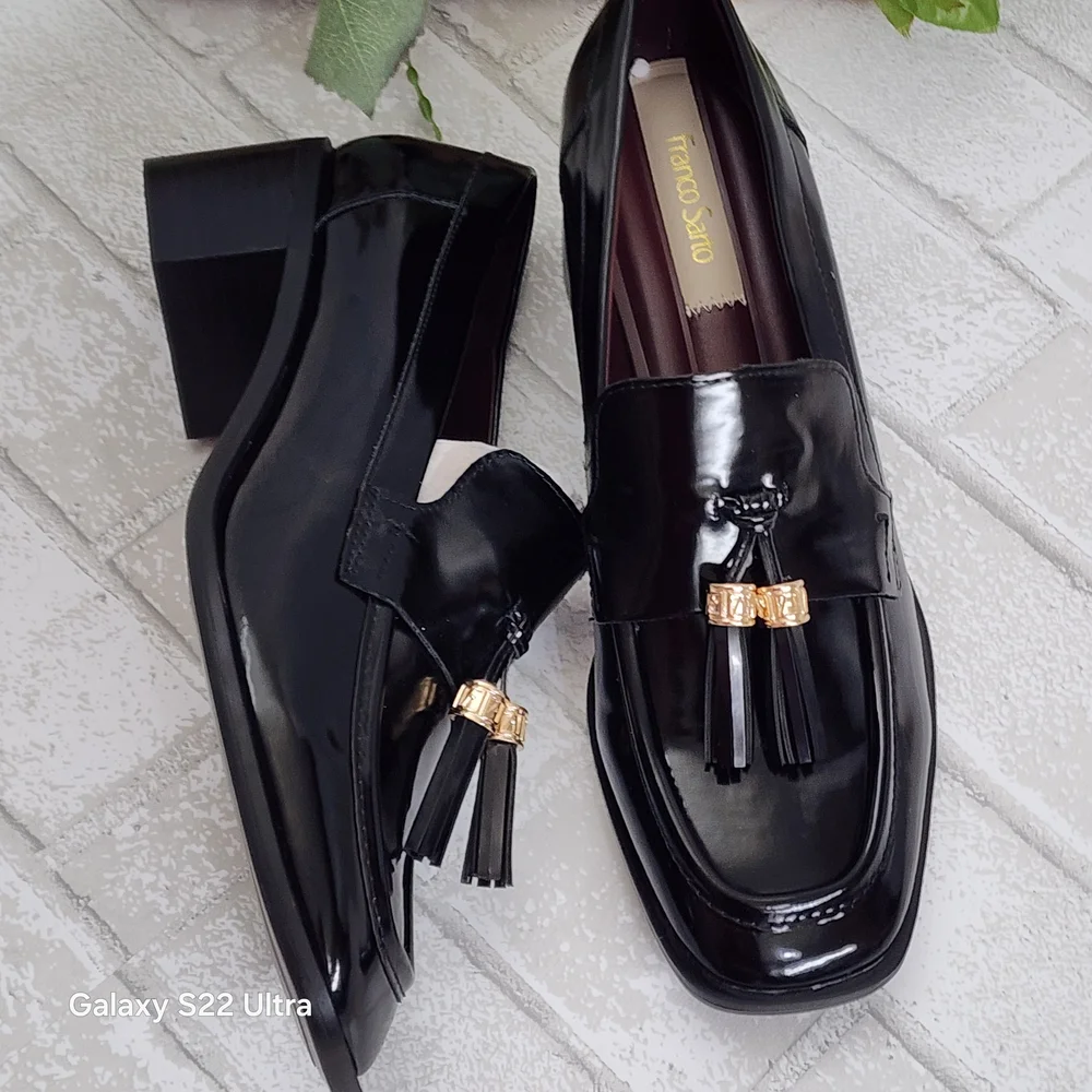 Franco Sarto Glossy Black Loafers with Gold Detail